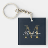 Chic Script Metallic Navy Blue Gold Monogram Sleutelhanger (Voorkant)