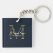 Chic Script Metallic Navy Blue Gold Monogram Sleutelhanger (Achterkant)
