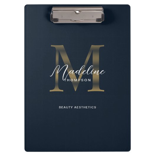 Chic script metallic navyblauw gouden monogram klembord (Voorkant)