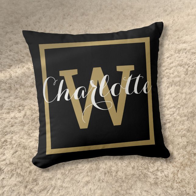Chic Script Modern Gouden Monogram Zwart Kussen (Chic Script Modern Gold Monogram Black Throw Pillow)