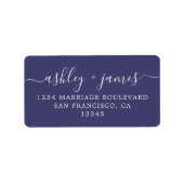 Chic Script Navy Blue Huwelijks Retouradres Label (Voorkant)