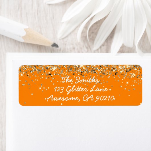 Chic Script Oranje Glitter Bruiloft Retouradres Etiket (Insitu)