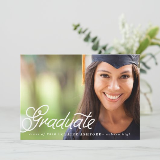 Chic Script Overlay Afstuderen foto-uitnodiging Kaart (Staand voorkant)