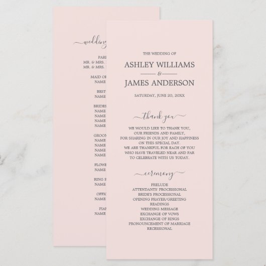 Chic Script Pastel Roze Eenvoudige minimale bruilo Programma (Voorkant / Achterkant)