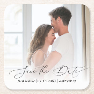 Chic Script Photo Wedding Save the Date Vierkante Kartonnen Onderzetter