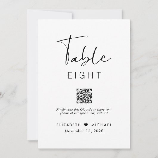 Chic Script QR-code Trouwreceptie Tafelnummer (Voorkant)