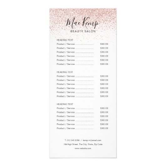 Chic Script Roze Goud Glitter Salon Service Menu (Voorkant)