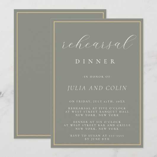Chic Script Sage Green Rehearer Dîner Invitation (Devant / Derrière)