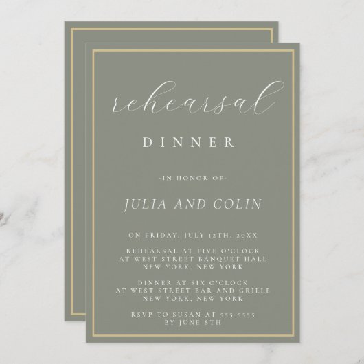 Chic Script Sage Green Repetitie Diner Uitnodiging (Voorkant / Achterkant)