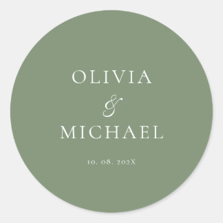 Chic Script Sage Groene Minimalistische Trouwdag Ronde Sticker