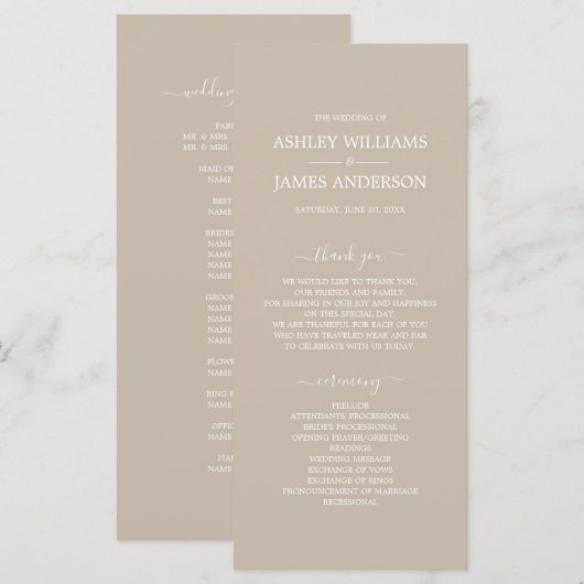 Chic Script Shiitake Gray Simple Minimal Wedding Programma (Voorkant / Achterkant)