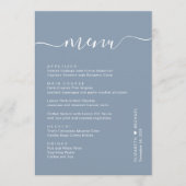 Chic Script Stofblauwe Trouwreceptie Menu (Voorkant)