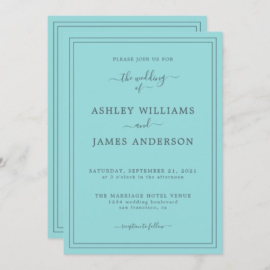 Chic Script Turquoise Blue Faire-part de mariage (Devant / Derrière)
