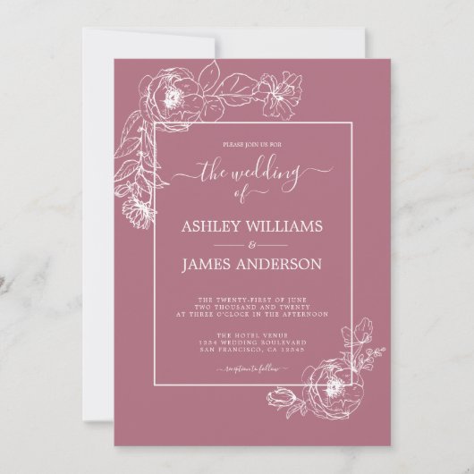 Chic Script White Floral Outline Cassis Wedding Kaart (Voorkant)