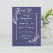 Chic Script White Floral Outline Navy Blue Wedding Kaart (Staand voorkant)