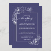 Chic Script White Floral Outline Navy Blue Wedding Kaart (Voorkant / Achterkant)