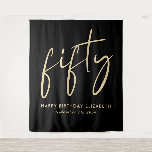 Chic Script Zwart Goud 50ste Verjaardagsfeest Wandkleed (Voorkant)