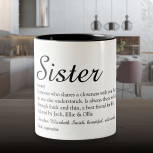 Chic Script Zwarte en Witte Cool Zus Definitie Tweekleurige Koffiemok