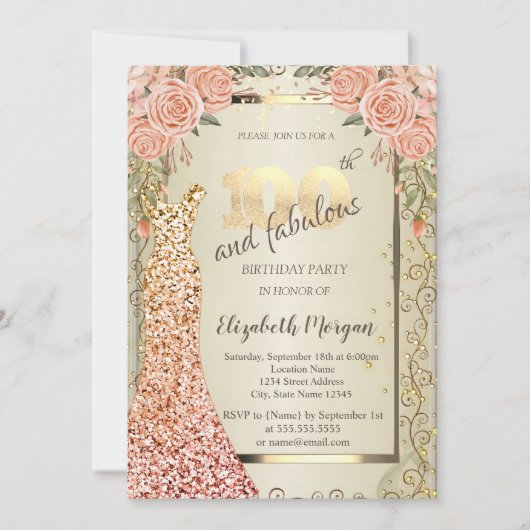 Chic Sequins Jurk Rozen Goud 100e Verjaardag Kaart (Voorkant)