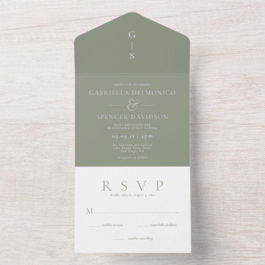 Chic Shades of Sage Green Wedding All In One Uitnodiging (Binnen)