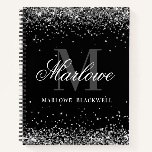 Chic Silver Black en White Monogram Glitter Notitieboek (Voorkant)