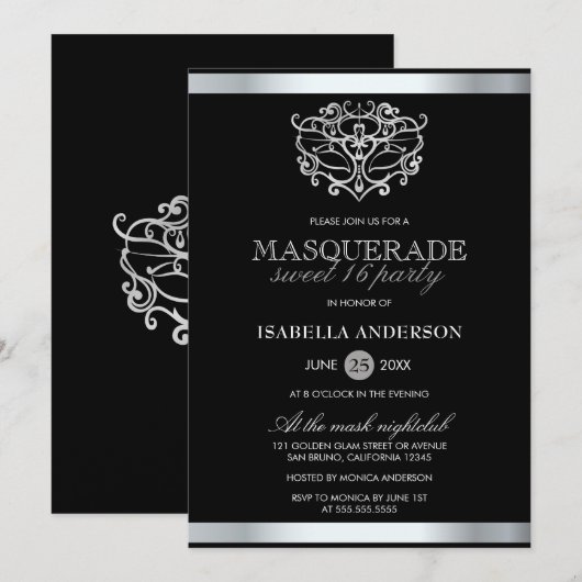 Chic Silver & Black Typography Masquerade Sweet 16 Kaart (Voorkant / Achterkant)
