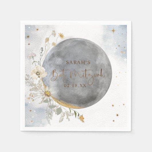 Chic Silver, Blue, Gold Celestial Moon Bat Mitzvah Servet (Voorkant)