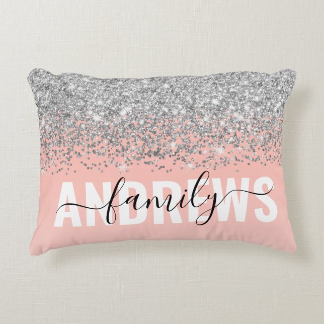 Chic Silver Confetti Pink Gradient Family Monogram Accent Kussen (Voorkant)
