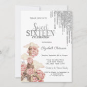 Chic Silver Drips,Eiffel Tower Peonies Sweet 16 Kaart (Voorkant)
