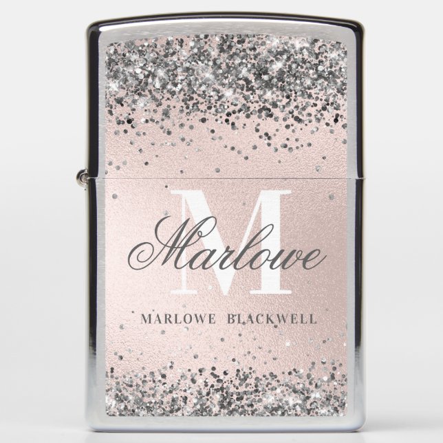 Chic Silver en Blush Pink Monogram Glitter (Voorkant)