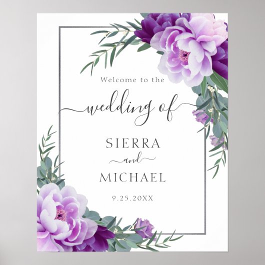 Chic Silver en Paarse Floral Eucalyptus Wedding Poster (Voorkant)