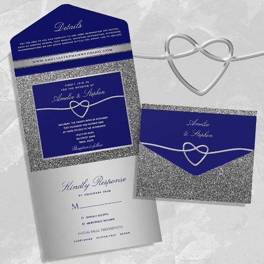 Chic Silver en Royal Blue Wedding All In One Uitnodiging
