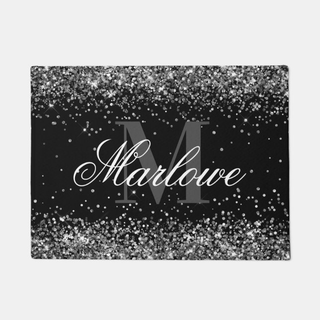 Chic Silver Glitter Black en White Monogram Deurmat (Voorkant)