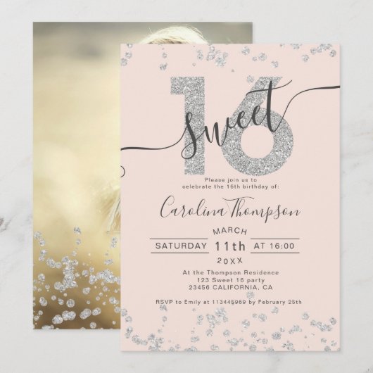 Chic Silver Glitter confetti blush Sweet 16 foto Kaart (Voorkant / Achterkant)