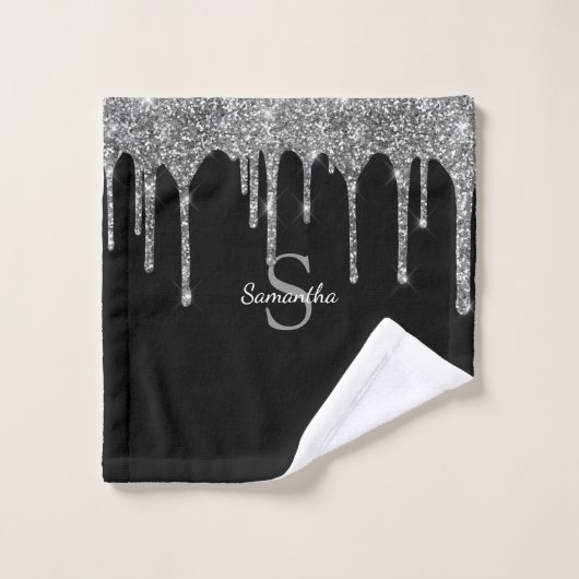 Chic Silver Glitter Drift Sparkle Monogram Naam Bad Handdoek (Wasdoekje)