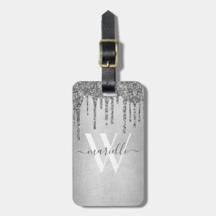 Chic Silver Glitter Drift Sparkles Monogram Bagagelabel