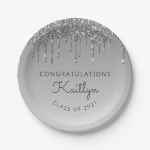 Chic Silver Glitter Drip Graduparty Papieren Bordje