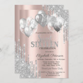 Chic Silver Glitter Drips Balloons Sweet 16 Kaart (Voorkant / Achterkant)
