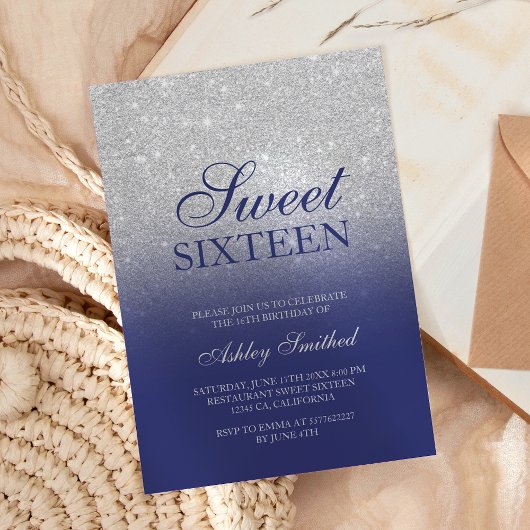 Chic Silver glitter navy blue elegant Sweet 16 Kaart