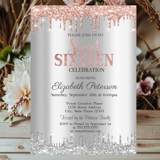 Chic Silver Glitter-schijven Roos Gold Sweet 16 Kaart