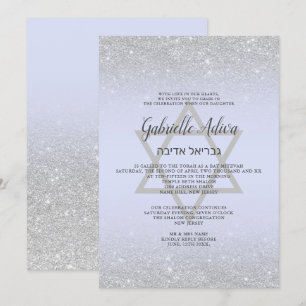 Chic Silver glitter script lavender Bat Mitzvah Kaart