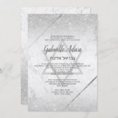 Chic Silver glitter script marmer Bat Mitzvah Kaart (Voorkant / Achterkant)
