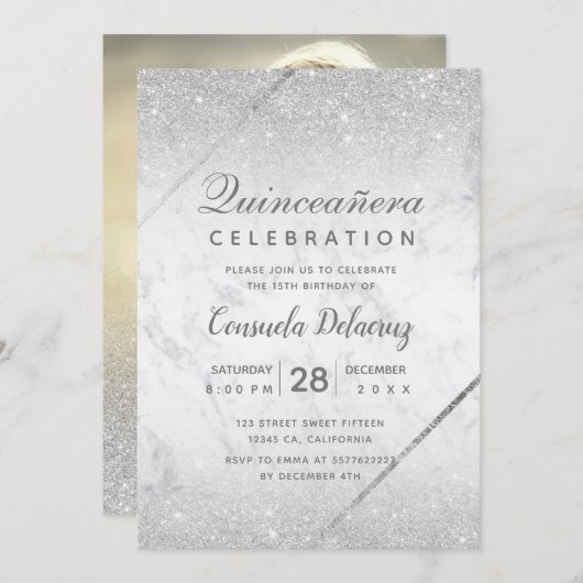 Chic Silver Glitter script marmer Quinceanera Kaart (Voorkant / Achterkant)