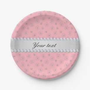 Chic Silver Glitter Snowflakes Roze Papieren Bordje