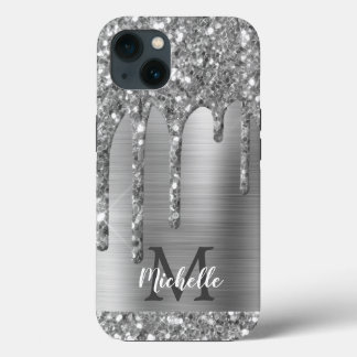 Chic Silver Grey Glitter Drift Monogram Roze Metaa iPhone 13 Hoesje