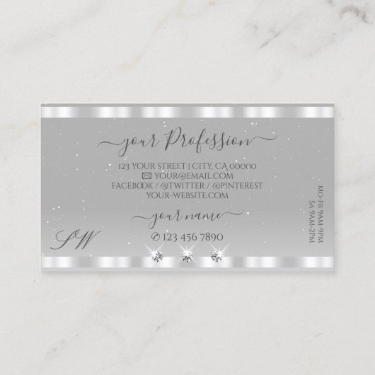 Chic Silver Light Grey Sparging Diamonds Initialen Visitekaartje (Achterkant)