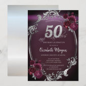 Chic Silver Lijst Bourgogne Rozen 50e verjaardag Kaart (Voorkant / Achterkant)