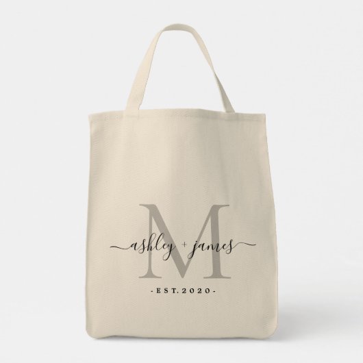 Chic Silver Monogram Script Names WeddenDatum Tote Bag (Achterkant)