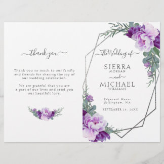 Chic Silver Paarse Floral vouded Wedding Programme