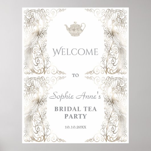 Chic Silver Peacock Bruids Tea Party Welkomstbord Poster (Voorkant)